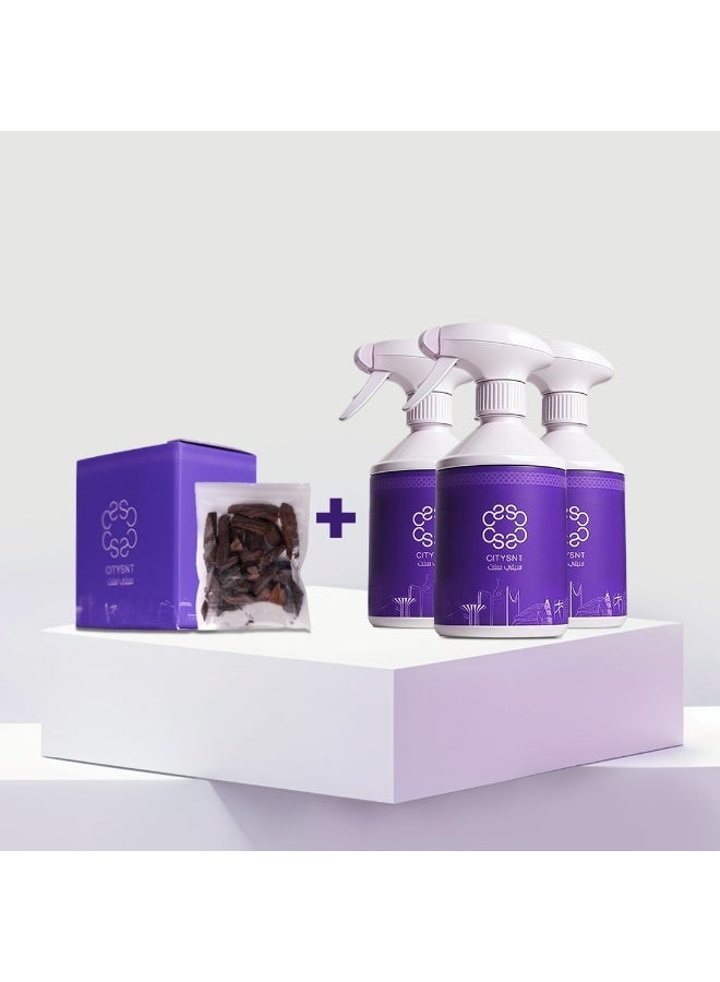 Home fragrance set: Three luxurious air fresheners (500ml Delina, 500ml Soft, and 500ml Elegant) + 10g of incense as a gift